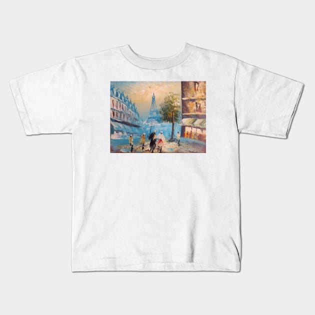 Paris Eiffel Tower, France, Oil Painting on Canvas of Street View with People Kids T-Shirt by Magicform